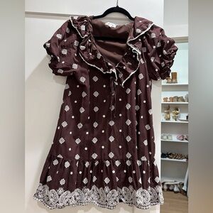 entro Brown Ruffle Collar Printed Casual Dress